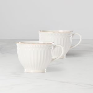 French Perle Groove White Latte Mugs. Set of 2
