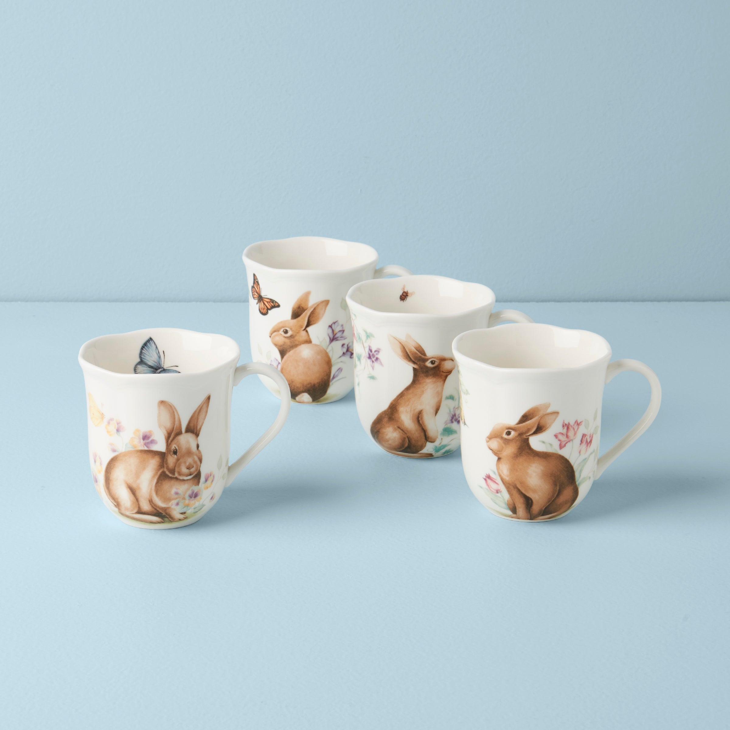Butterfly Meadow Bunny Mugs. Set of 4