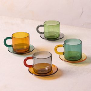 Niko Glass Espresso Cups & Saucers. Set of 4