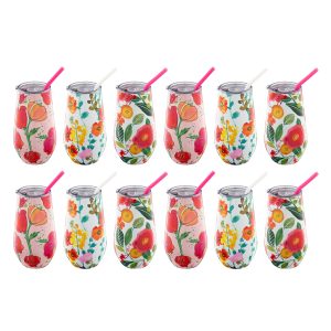 Floral Wine Tumbler With Straw. Set of 12