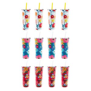 Floral Insulated Tumblers with Straws. Set of 12